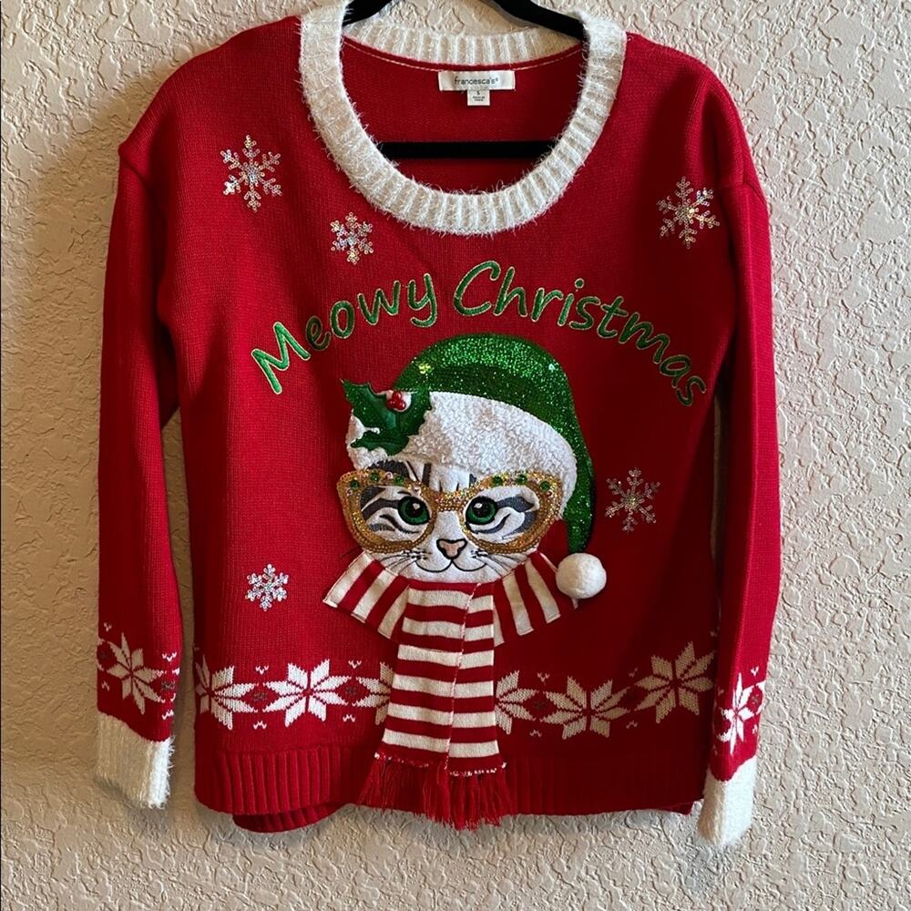 Francesca's Collections Meowy Christmas Sweater Red Knit Sweater Size Small